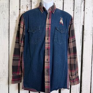 VTG Wrangler Denim Flannel Men’s Medium Shirt Feathers Western Cowboy Rodeo Gift